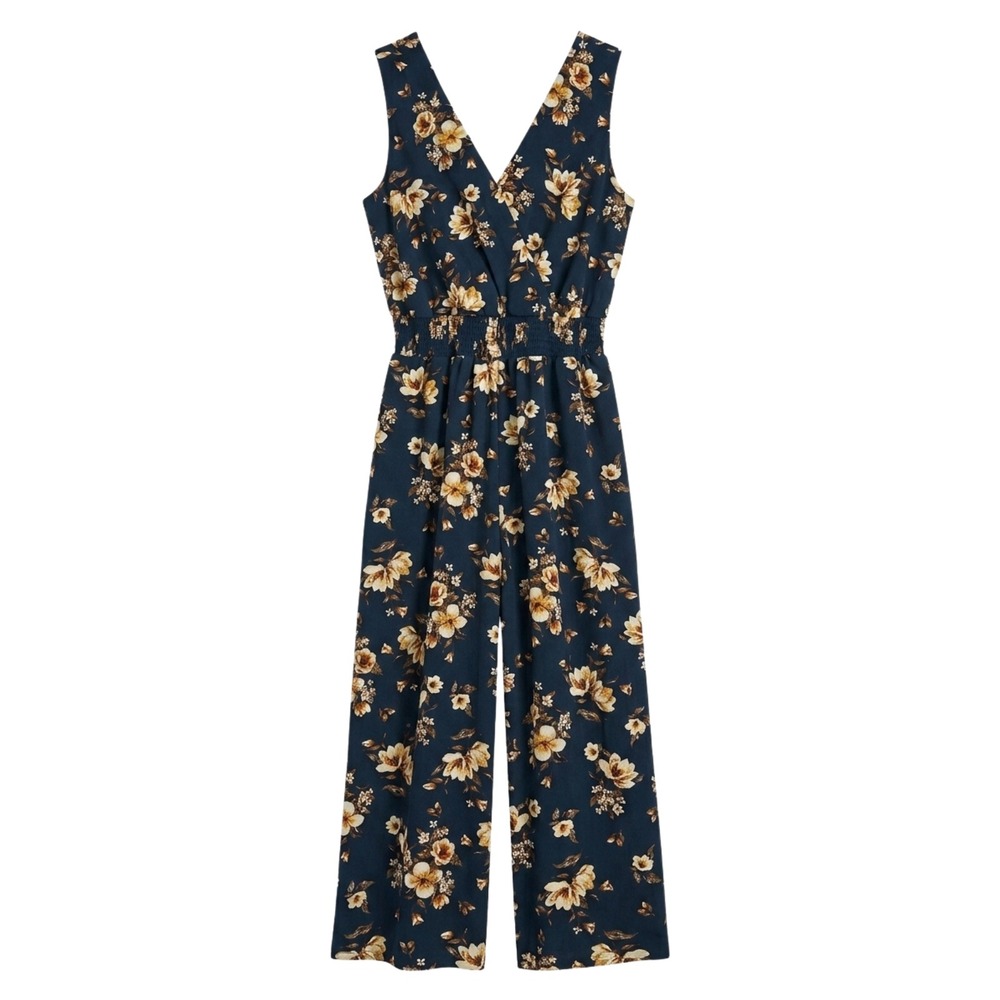 NWT Apt 9 Floral Jumpsuit Womens Medium Navy Blue Wide Leg Smocked Sleeveless